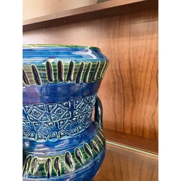 Authentic Bitossi Blue and Green Italian Pottery Vase with Handles